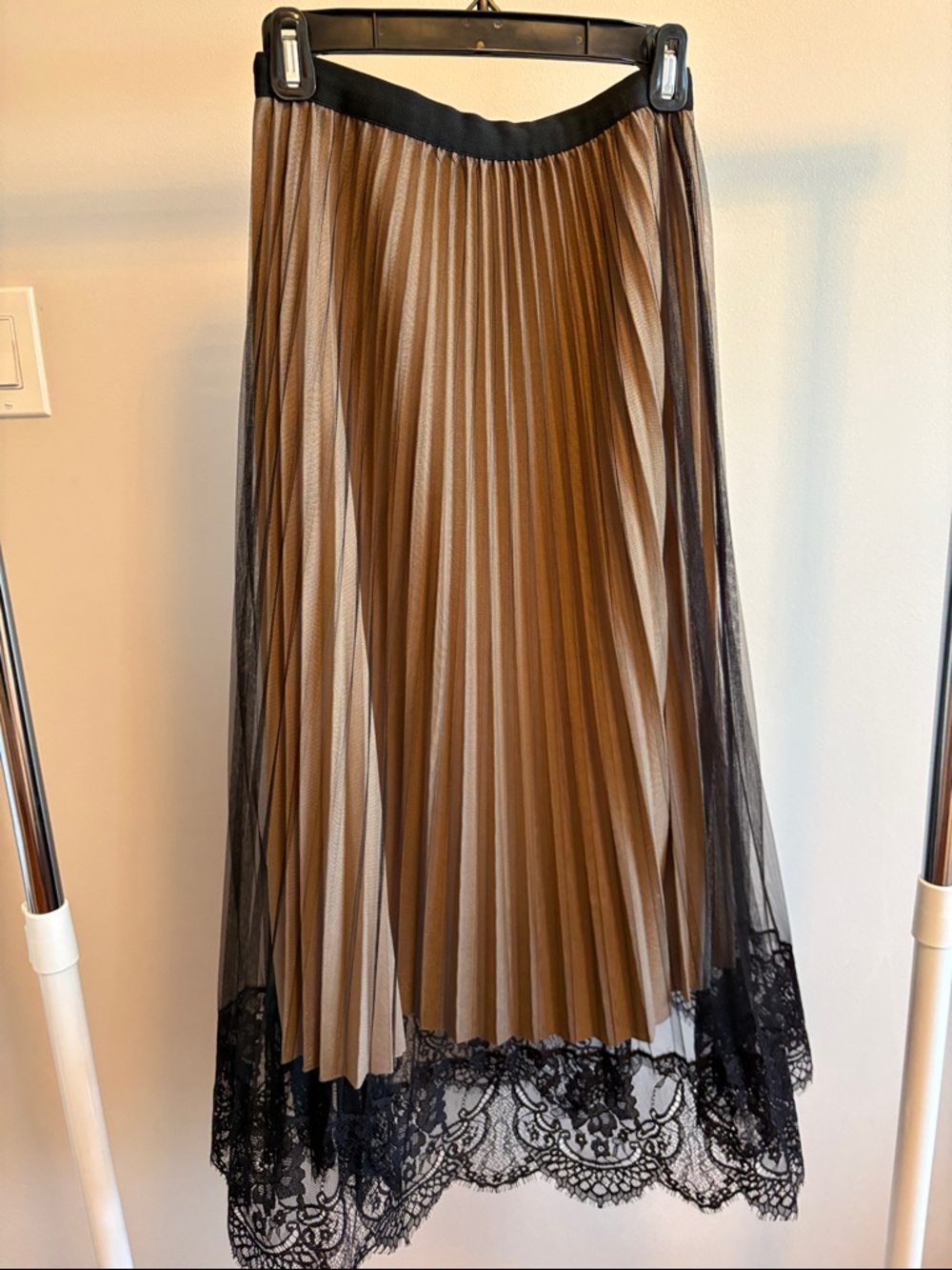 Pleated Brown Midi Skirt with Black Lace Trim